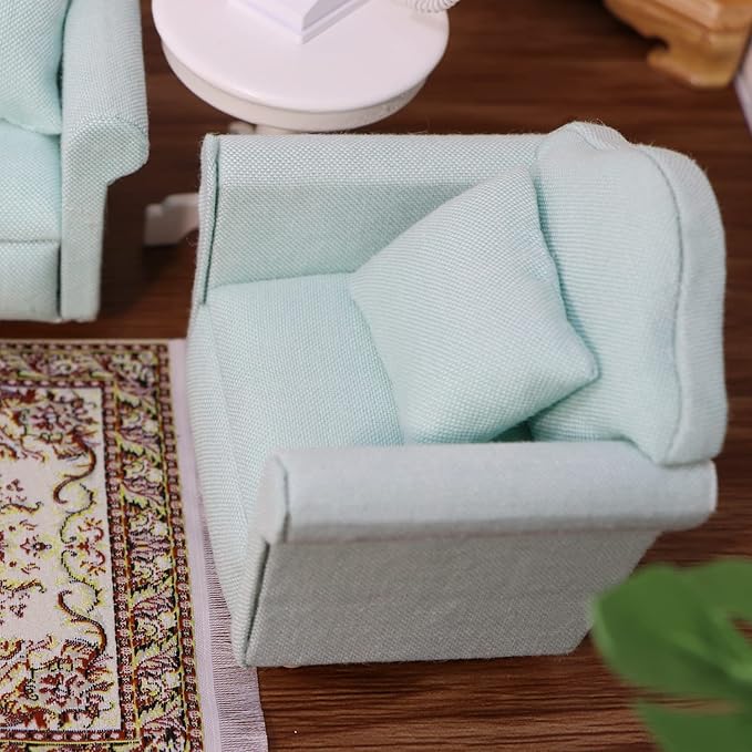Dollhouse Couch with Pillow 1 12 Scale Miniature Sofa Arm Chair Living Room Furniture Wooden Fabric Frame Single Reading Chair Artificial House Room Scene Decoration (Green)