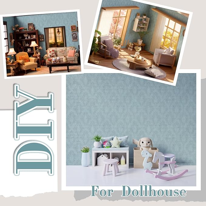 Flutesan 12 Pcs Miniature Dollhouse Wallpaper and Flooring Peel and Stick Mini DIY Self Adhesive Dollhouse Accessories 8.27 x 11.69 Inch (Vintage Blue)