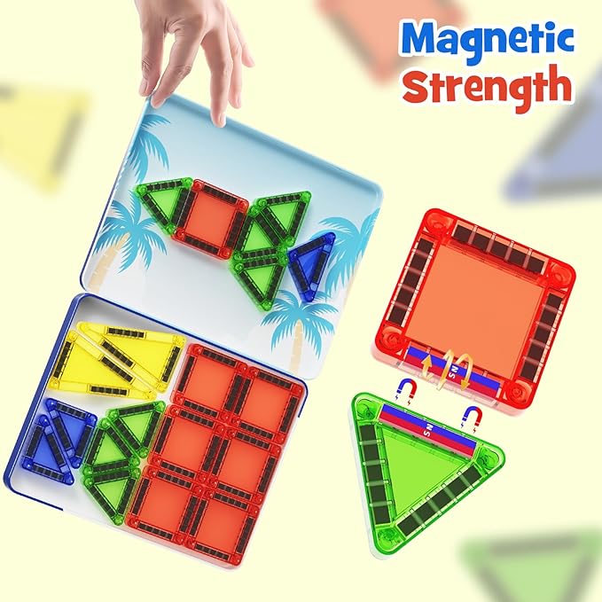 Magnetic Tiles Mini Building Blocks STEM Toys for 3-8 Year Olds, 26PCS Travel-Friendly Set with Storage Iron Box, Educational Construction Playset for Toddlers, Birthday Gift for Boys & Girls
