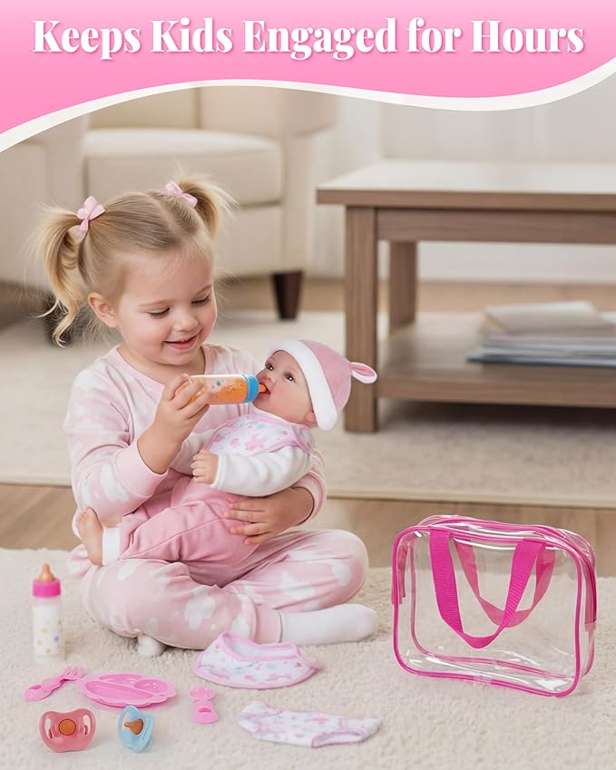 BABESIDE Baby Doll Accessories,10 Pieces Baby Doll Diaper Bag Set with Magic Bottles, Pacifiers, Doll Diaper & Pretend Play Feeding Set for Dolls, Ideal Gift for Kids Age 3+