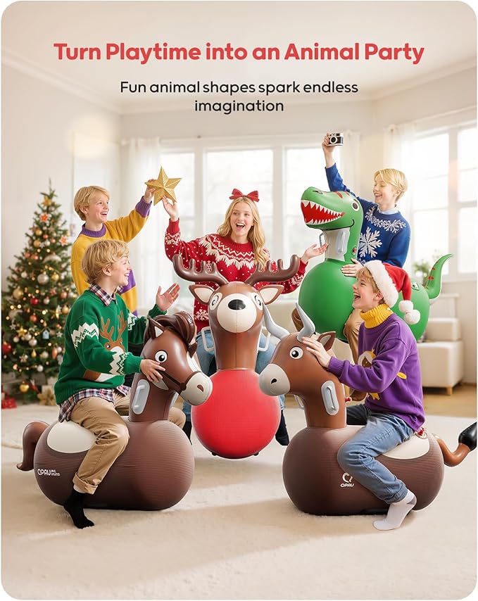 QPAU 2 Pack Large Inflatable Reindeer Hopper Bouncy Toy, 250lbs High Capacity Ride-on Animal for Kids & Adults, Soft Fabric Cover & Pump, Durable Puncture-Resistant Bouncer for Family Party Gift