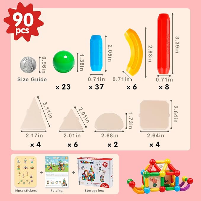 MAGBLOCK 90PCS Magnetic Building Sticks Toy Building Blocks Gift for Boys and Girls, Magnet Sticks Balls and Rods Sets, Sensory Montessori Toys for Preschool Toddlers Kids