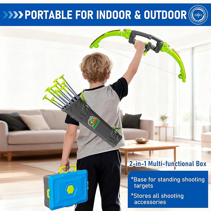OCHIDO 2 Pack Bow and Arrow for Kids, 3in1 LED Light Up Archery Set with 4 Target, 12 Suction Cup Arrows, Quivers and Storage Box, Indoor Outdoor Sport Games Gifts for Boys 5 6 7 8 9 10 11 12 Year Old