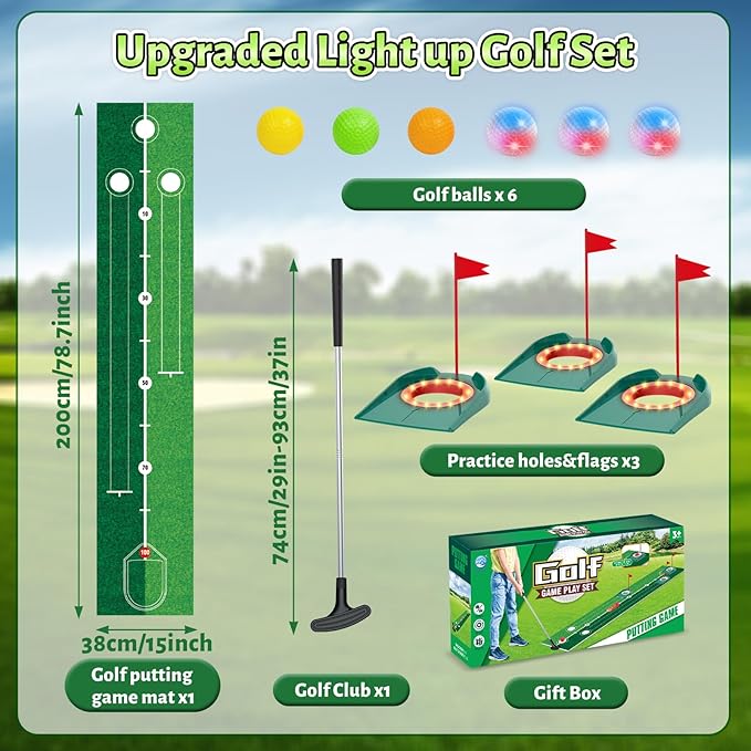 VATOS Golf Putting Set for Kids - Light up Golf Game Toys with Putting Mat, Putter, 3 Holes & 6 Balls (3 Glow), Indoor Outdoor Yard Golfs Game Sports Toys, Birthday Gifts for Boys Girls Kids 3-8