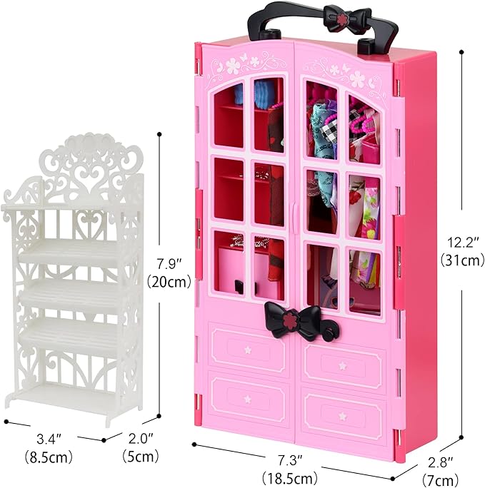 Ecore Fun 120 Pcs Fashion Doll Closet Wardrobe for Clothes and Accessories Storage Include Clothes, Dresses, Shoes, Shoes Rack, Bags, Necklace, Hangers for 11.5 Inch Girl Doll Clothes