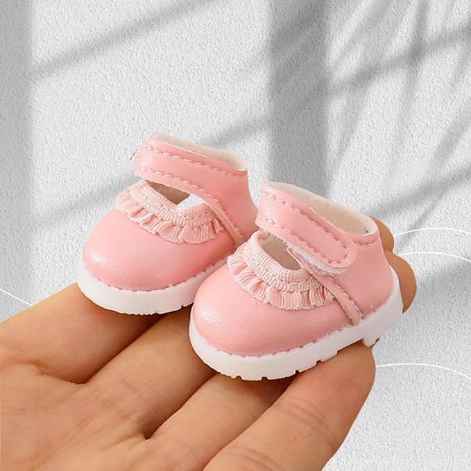 Doll Shoes for Lu bubu 17cm Dolls(No Doll) , Mini Shoes Accessories, Cute PU Leather Lace Shoes Suitable for 17cm Doll, Dress Up Doll Shoes Replacement Pink
