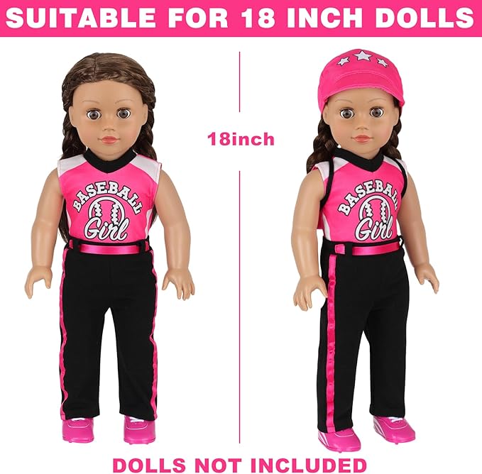 K.T. Fancy Baseball Uniform Doll Outfit-American 18 Inch Doll Clothes and Accessories Set Including Hat, Pink Baseball Jacket, Baseball, Water Bottle, Socks and Trainers, Gifts Set for Girls&Boys