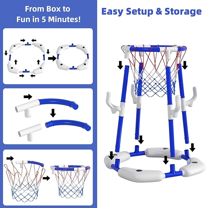 Pool Basketball Hoop for Kids 4-8 & 8-12 Years Old - 2-in-1 Floating & Above Ground Water Game with 4 Balls, 12 Rings & Pump, Outdoor Play Swimming Pool Toy for Adult Summer Party