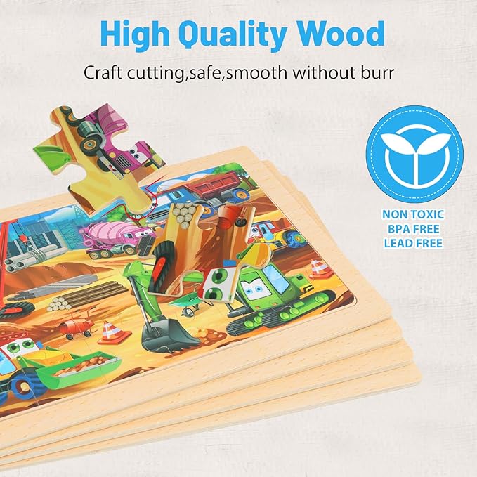 Puzzles for Kids Ages 4-6 – 24-Piece Toddler Puzzles Set (4 Packs) – Construction & Vehicle Learning Activity Toys for Boys & Girls, Perfect Preschool Wooden Puzzles for Toddlers 3-5
