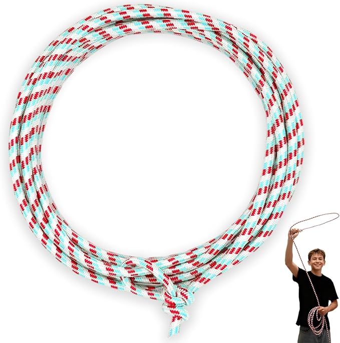 Cowboy Lasso Rope for Kids with Pre-Tied Loop, 20' - 9mm Unwaxed Lariat Roping Rope Toy for Indoor Outdoor Western Play & Costume Prop (Red Light Blue)
