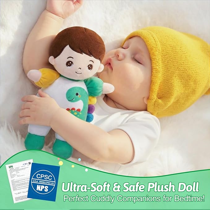 OUOZZZ Soft Boy Baby Doll 10" - First Birthday Toys for 1 Year Old Boy, Ideal 1 Year Old Boy Gifts & Baby Boy Gifts, Snuggle Buddy for Infants Dinosaur Toy