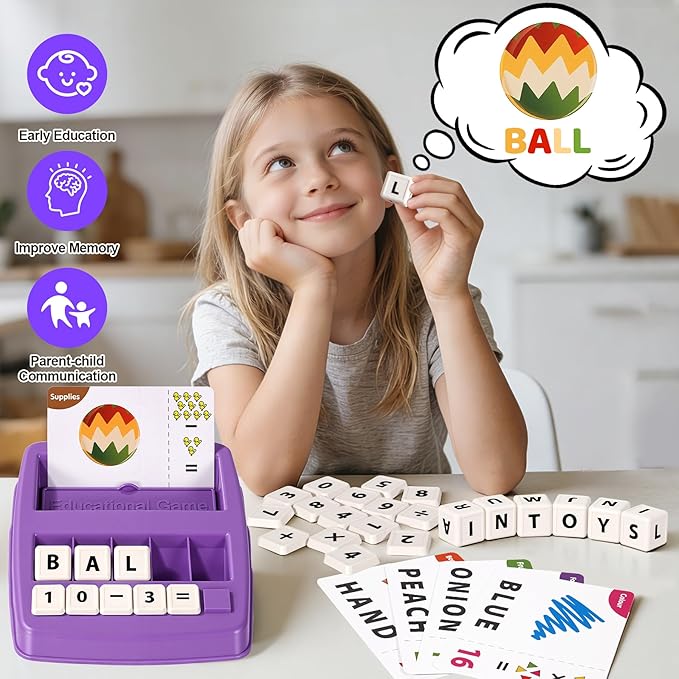 Educational & Learning Toys for Kids, 3-8 Years Old Matching Games with Letter & Math Flash Cards, Christmas Birthday Gifts for Preschool Boys Girls Grandkids - Purple