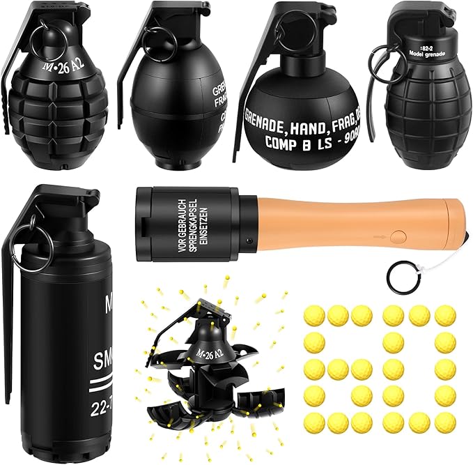 Sratte 6 Pcs Toy Hand Grenade for CS Battle Game, Fake Tactical CS-Grenade Toys with 60 Foam Ammo Fun Impact Pull Ring Grenade for 14+ and Adult Outdoor Sports(Black)