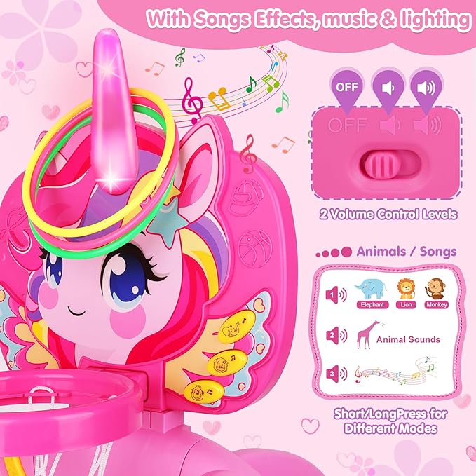 Toddler Basketball Hoop for Kids, Unicorn Basketball & Soccer Game Sports Toy with 30+ Sounds, Baby Basketball Hoop Toys for 1 2 3 Years Old Girls Boys Christmas Birthday Gifts Indoor Outdoor Play