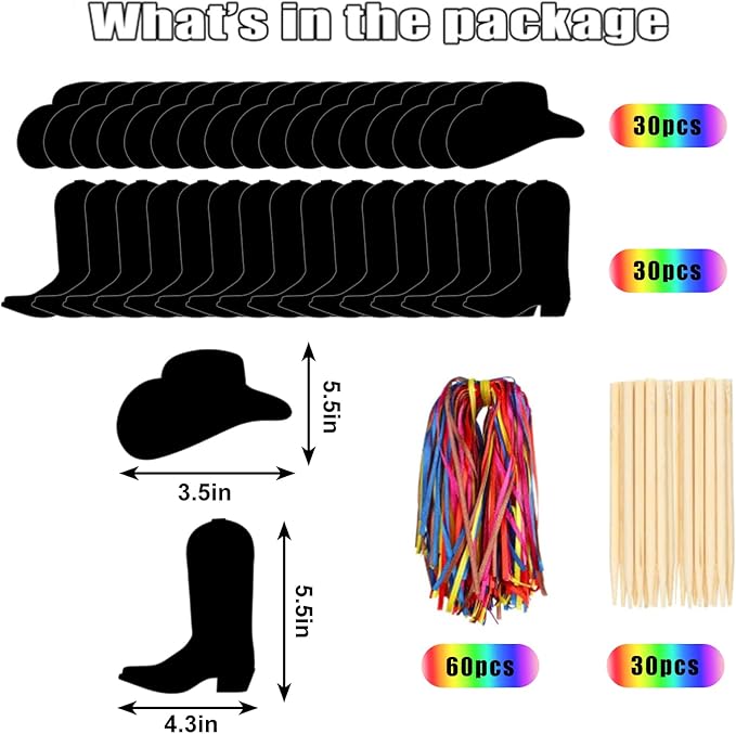 JarThenaAMCS 60 Pcs Western Cowboy Scratch Paper Craft Kits Cowboy Hat Boot Scratch Cards Ornaments with Ribbon & Wood Styluses for Party DIY Crafts Painting Supplies