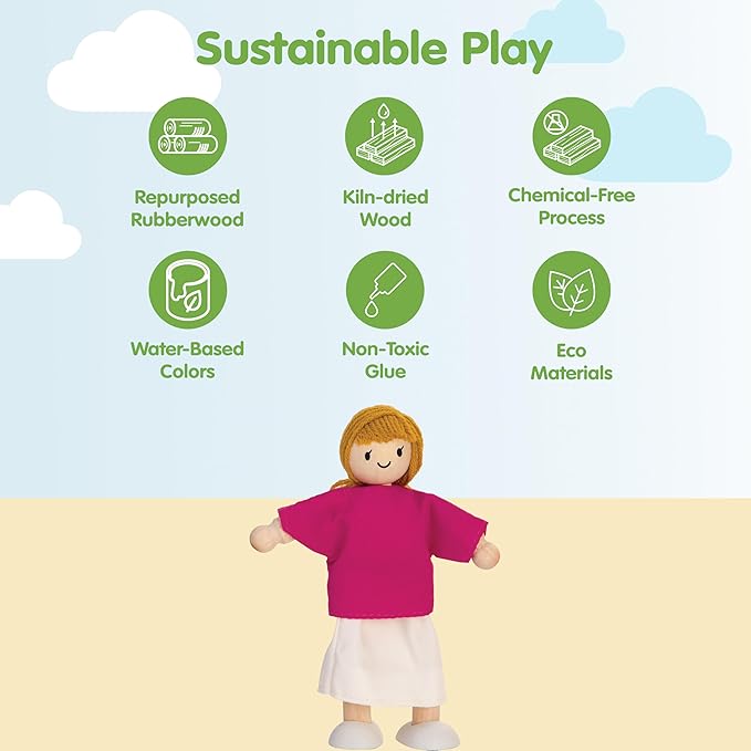PlanToys® Mother Wooden Dollhouse Figurine | Poseable 1:12 Scale Mini Doll (5 Inch) | Dollhouse Accessories for Pretend Play | Eco-Friendly Montessori Toy for Kids Ages 3+