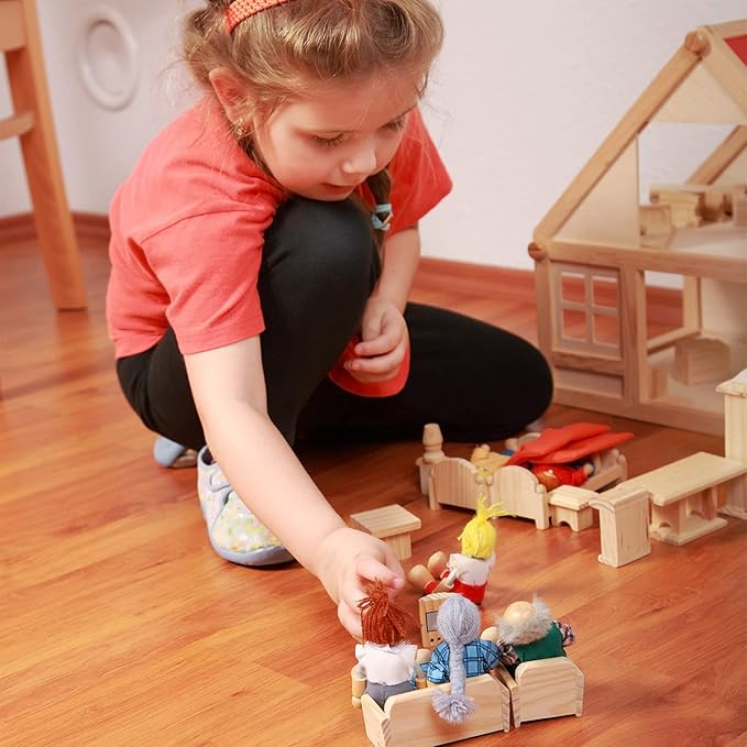 Sumind 35 Pcs Wooden Dollhouse Furniture with Family Figures Dolls for Diverse Imaginative Play Fits Most 1 12 Scale Miniature Dolls House with Kitchen Bedroom Bath Living Room Study Room