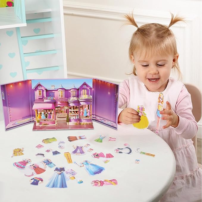 Yuzee Princess Magnetic Dress Up Games for Girls - Magnetic Paper Dolls for Girls Ages 4-7, 35 Piece Role Play Travel Toy Dress Up Set, with 3D Store Wardrobe Game Scene, Dress Up Games for Kids