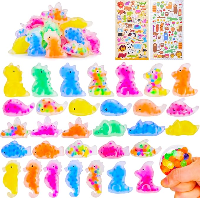 48 Pcs Mochi Squishy Toys with Water Beads for Kids Party Favors, Mini Stress Relief Squishy Fidget Toys for Classroom Prizes Christmas Party Favors Goodie Bag Stuffers Birthday Gift with Stickers