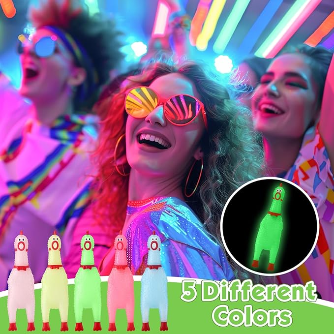 Honoson 50 Pcs Glow in The Dark Rubber Chicken 6.5 Inch Luminous Screaming Glowing Novelty Squeaky Chicken Prank Novelty Party for Adults, Family Games (Pink,Red,Blue,Yellow,Green)