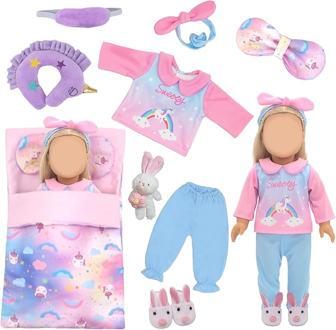 American 18" Doll Clothes and Sleeping Bag Accessories Set, Sleepover Outfit Fits 18 inch Dolls Include Pony Costume, Purple Pillow, Eye mask, Bunny Shoes, Animal Toy Gifts for Girls (No Doll)