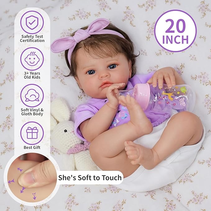 SCOM Realistic Reborn Baby Dolls-20 inch Lifelike Baby Doll Girl with Soft Weighted Body, Reallife Reborn baby Girls With Baby Accessories & Gift Box, Suitable Toy for Age 3+ Kids,Birthday/Easter Gift