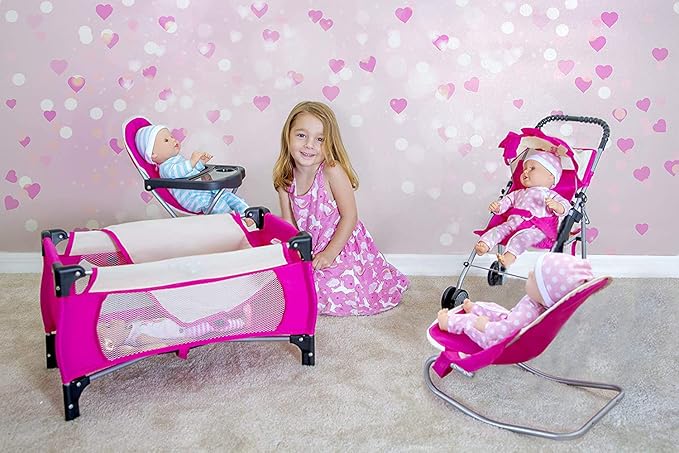 fash n kolor 4 Piece Pink Baby Doll Set, Includes - 1 Pack n Play with Carry Bag, 2 Doll Stroller, 3 Doll High Chair, 4 Infant Seat,