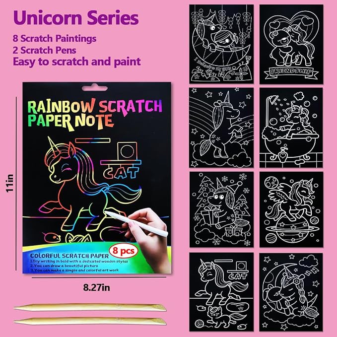 JUNQIU Scratch Art for Kids, Rainbow Scratch Paper Art Set - Unicorn, Arts and Crafts for Girls Boys Ages 4-8, Kid Activity & Christmas Crafts, Stocking Stuffers for Kids