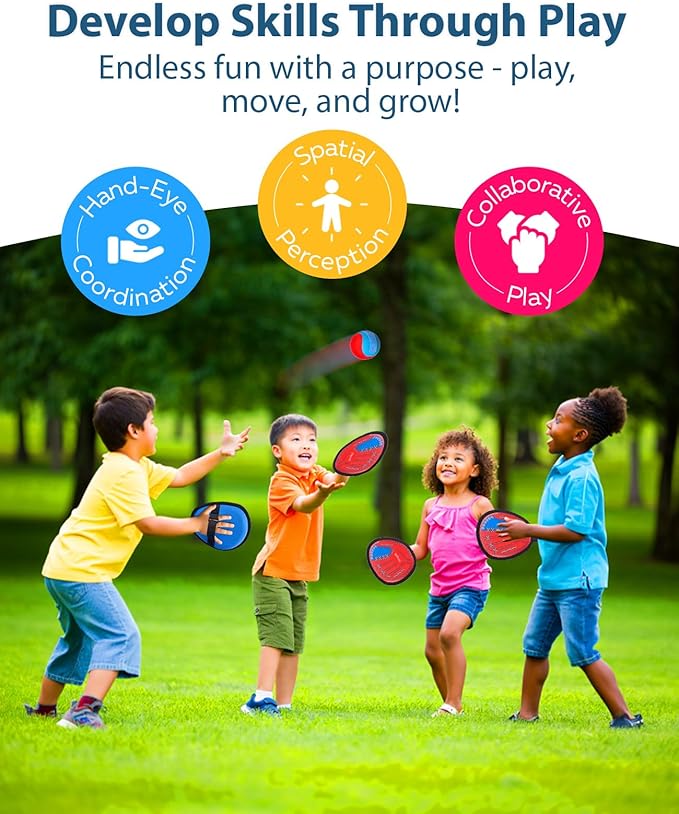 JoyCat Toss and Catch Ball Game for Kids, 2 Paddle Sticky Ball Set, Toddler Baseball Catch Toy, Outdoor Game for Beach, Yard & Camping, Sports Easter Basket Stuffer Gifts for Boys Girls Ages 3-12
