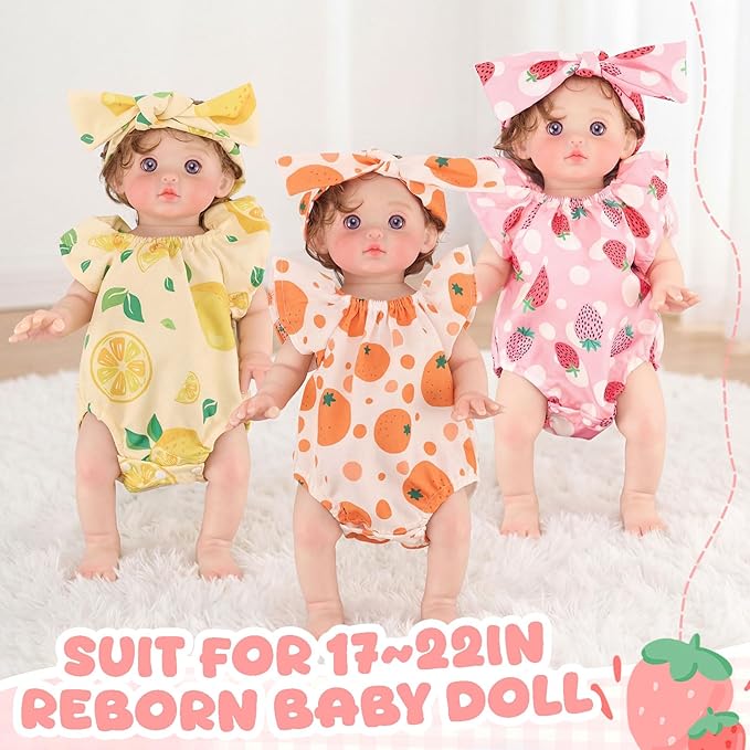 3 Set Reborn Baby Doll Clothes Set for 17-22 Inch Colorful Babydolls Clothes Outfits Realistic Babydolls Cute Strawberry Fruit Pattern Dress Accessories with Headband Bulk for Girl Dress up