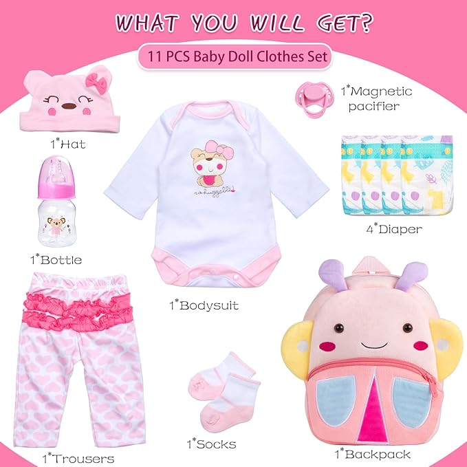 Pedolltree 11 Pcs Set Reborn Baby Dolls Clothes Girl Outfit Accessories for 17-22 Inch Reborn Doll Newborn Girl with Butterfly Backpack Diaper