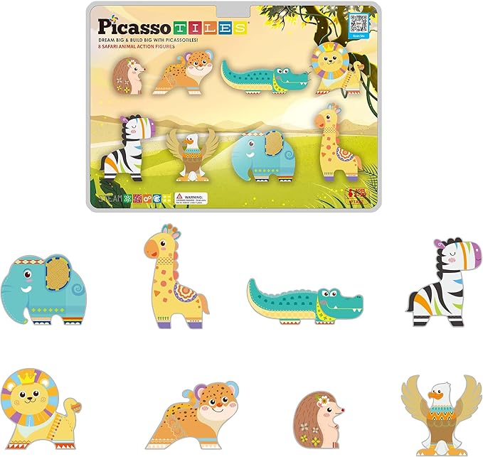 PicassoTiles Magnet Building Blocks 8 Safari Animal Magnetized Action Figures Compatible with Magnetic Assembly Build Tile Toys Accessory Toyset STEAM Educational Learning Girls Boys Ages 3+ PTA22