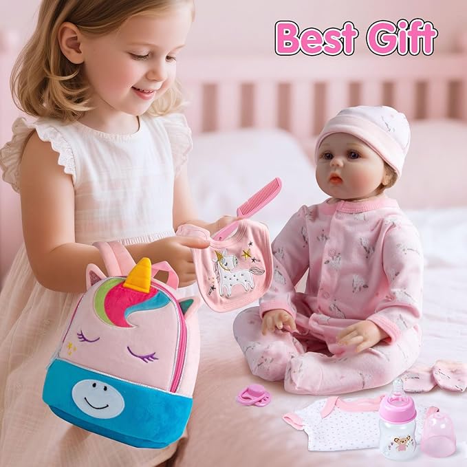 13 Pcs Reborn Baby Dolls Girl Clothes Accessories Pink Unicorn Theme Outfit Set for 17-22 Inch Reborn Dolls Newborn Girl with Unicorn Backpack Diaper