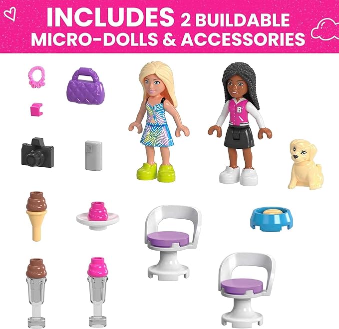 MEGA Barbie Kids Building Toy Set, Convertible & Ice Cream Stand with 226 Pieces, 2 Micro-Dolls and Accessories, Pink, Ages 6+ Years