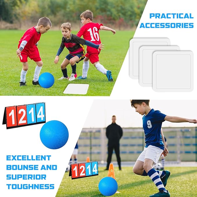 Huaerle 18 Pcs Sports Kickball Set Includes 2 Playground Ball with Air Pump 4 Rubber Throw Down Bases 10 Foul Line Cones and a Flip Scoreboard for Boys Girls Adults Playground School Backyard