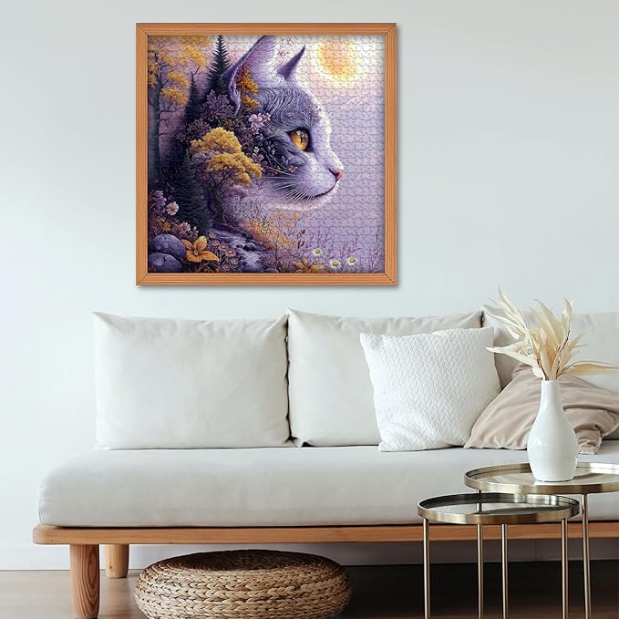 Fantasy Cat Puzzle for Adults 1000 Pieces,Moonlit Forest Cat Nature Puzzle,Dreamy Floral Kitten Landscape Puzzle,Impossible Purple Scenery Jigsaw Puzzle Challenge