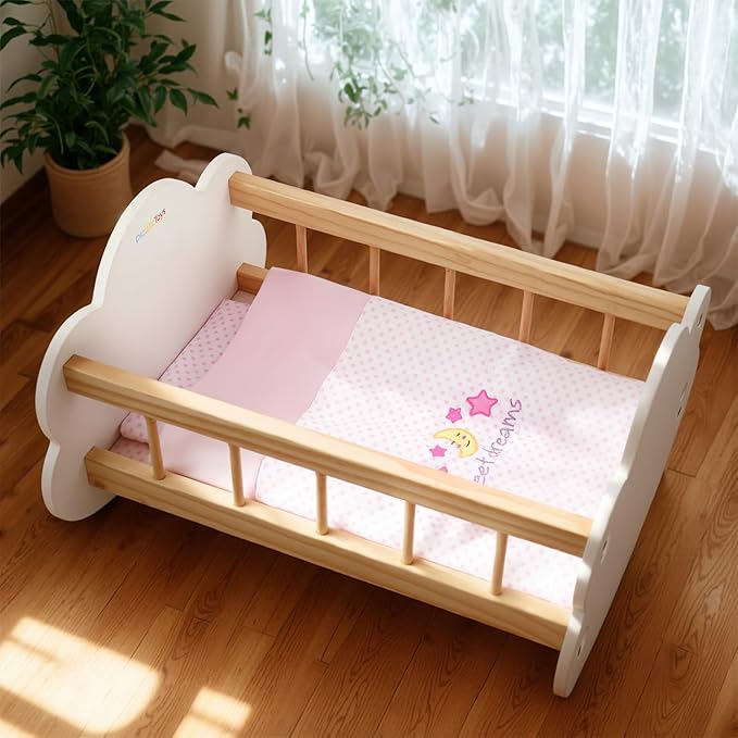 BABESIDE 2 Pcs Baby Doll Bedding Set for 12-15 Inch Dolls, Pink Polka Dot Baby Doll Blanket and Pillow Set with Cute Moon & Stars Pattern for Realistic Babydoll Accessories