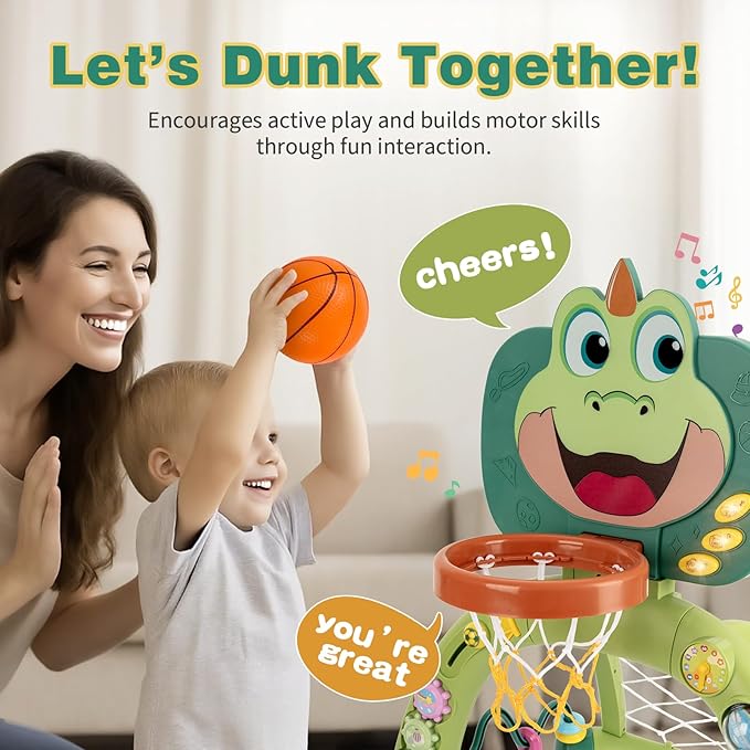 Basketball Hoop & Soccer Goal for Toddlers: Activity Center for 1 2 3 Year Old Boys Girls - Dinosaur Sports Toy with Lights & Music - Educational Interactive Toy Gift for Baby Kids Christmas Birthday
