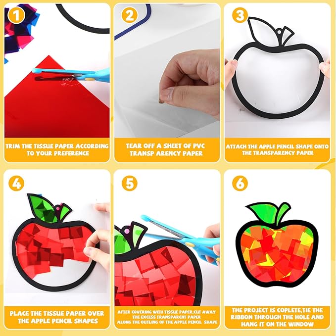 32 Sets Back to School Apple Pencil Suncatchers Craft Kit DIY Window Stained Glass Effect First Day of School Paper Craft Home Classroom Decoration Kid Birthday Gift Creative Art Project Activity Game
