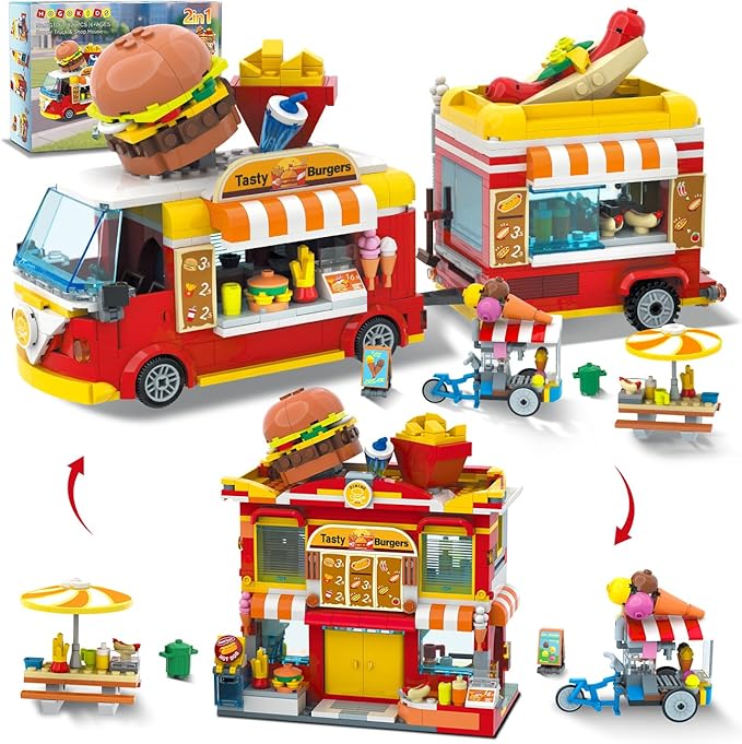 HOGOKIDS City Burger Truck House Building Toy - 2 in 1 Burger Van and Restaurant Building Blocks Set Mobile Ice Cream Food Cart Tables Restaurant Playset Valentines Gift for Kids Boys Girls 6+(826PCS)