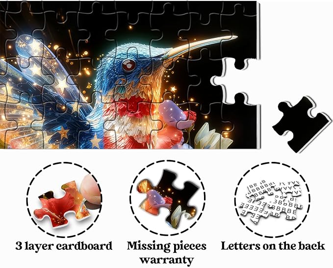 American Flag Hummingbird Puzzles for Adults 1000 Pieces, USA Patriotic Bird Jigsaw Puzzles, United States Freedom Floral Animal Puzzle