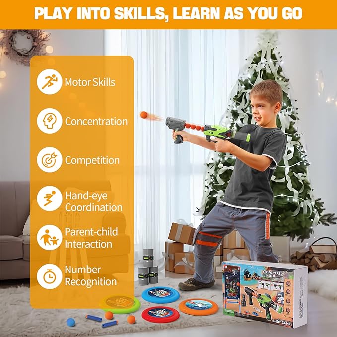 Shooting Games Toy with Player Air Guns, Shooting Target, 24 Foam Balls, Foam Darts, Oil-Tank Targets, Flying Discs, Shooting Target Toys Outdoor Game Toys for Christmas Birthday Gifts