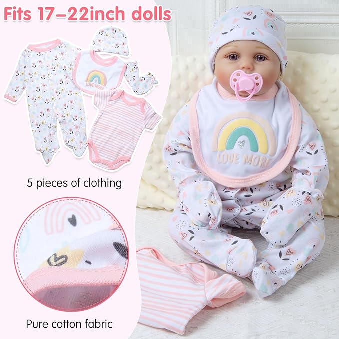 13 Pcs Reborn Baby Dolls Clothes Girl Rainbow and Flowers Outfit Accessories for 17-22 Inch Newborn Baby Doll Girl with Pink Butterfly Backpack