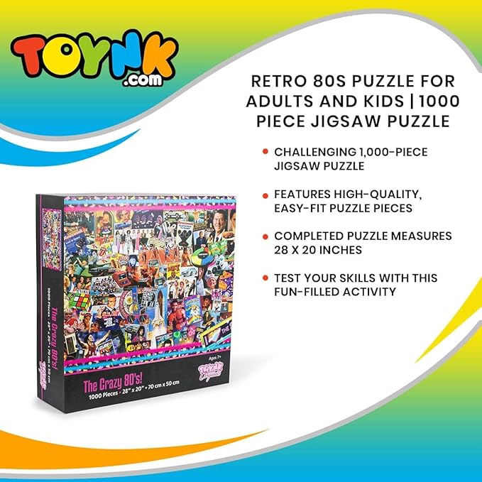 The Crazy 80's! Retro Puzzle for Adults and Kids | 1000 Piece Jigsaw Puzzle Toy | Interactive Brain Teaser for Family Game Night | 28 x 20 Inches