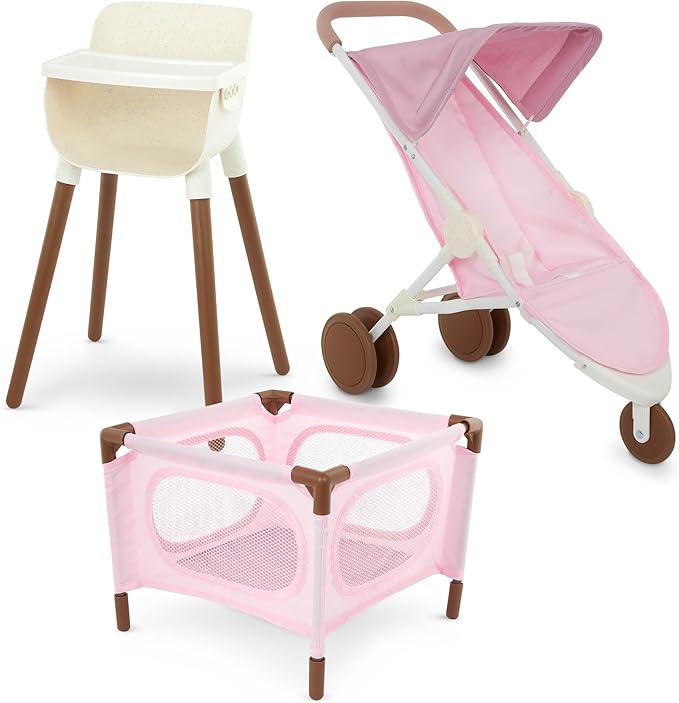 LullaBaby – 14-Inch Realistic Baby Doll Accessory Bundle – Nursery Care Set – High Chair, Playpen & Jogger Stroller – Pretend Play Toys – Kids 2+ Years– Baby Doll Nursery Playset