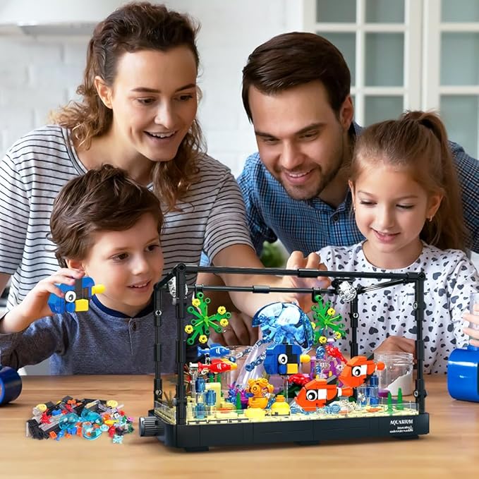 HOGOKIDS Fish Tank Building Set with LED Light - Movable Aquarium Building Toys for Adults Kids | 725PCS Creative Aquarium Toy with Jellyfish, Fish Animal Educational Gift for Boys Girls Age 8-14