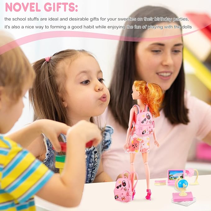 Zhanmai 21 Pieces Doll School Stuff Mini School Supplies Doll School Accessories School Playset for Dolls Mini Pink Doll Backpack Desk Lamp Laptop and Headset for 11.5 Inch Doll