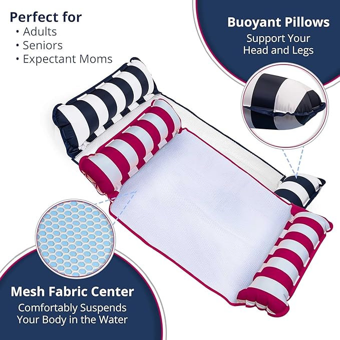 Aqua 4-in-1 Monterey Hammock Pool Float & Water Hammock, Multi-Purpose, Inflatable Pool Floats for Adults, Patented Thick, Non-Stick PVC Material, One Navy & One Burgundy/White Stripe, 2-Pack