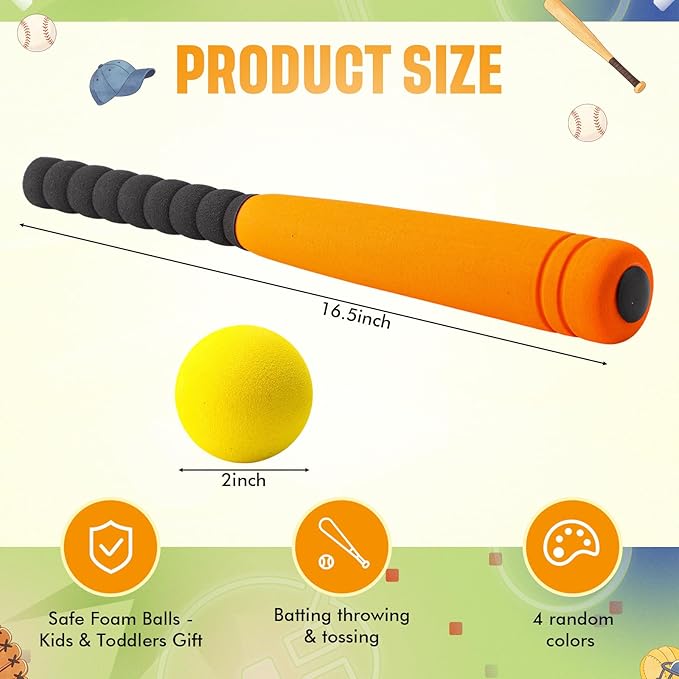 Wettarn 4 Pcs 16.5" Foam Baseball Bat with Balls Kids Soft Mini Foam Baseballs T Ball Bat Gift Set for Outdoor Indoor Sport Game Beginners Practice Playing Training (Red, Blue, Orange)