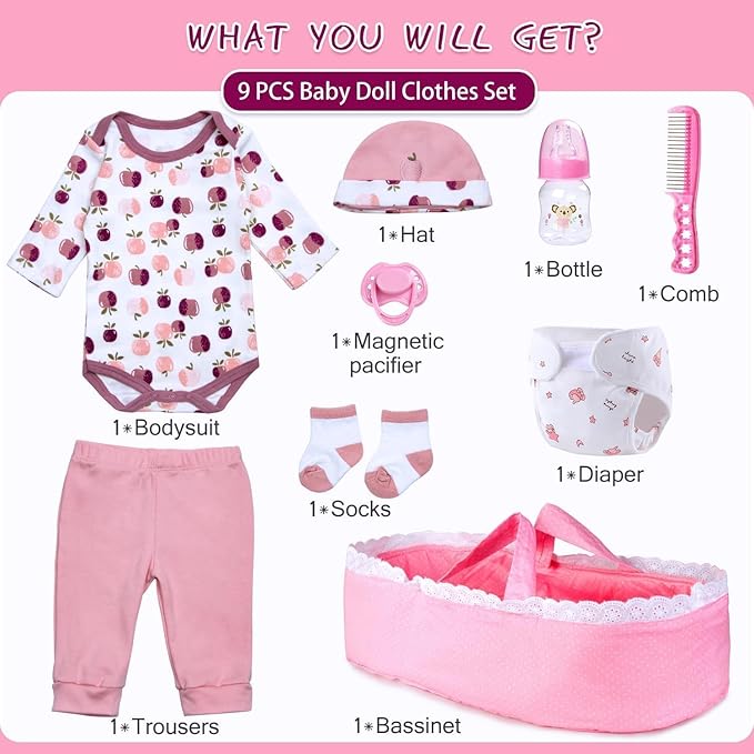 9 Pcs Reborn Baby Doll Accessories Pink Clothing Set with Bassinet for 17-22 Inch Reborn Baby Dolls Clothes Girl Cute Apple Patterns